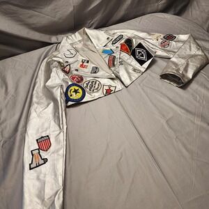 Hot &‎ Delicious Silver Faux Leather Moto Biker Jacket with Patches Size Small